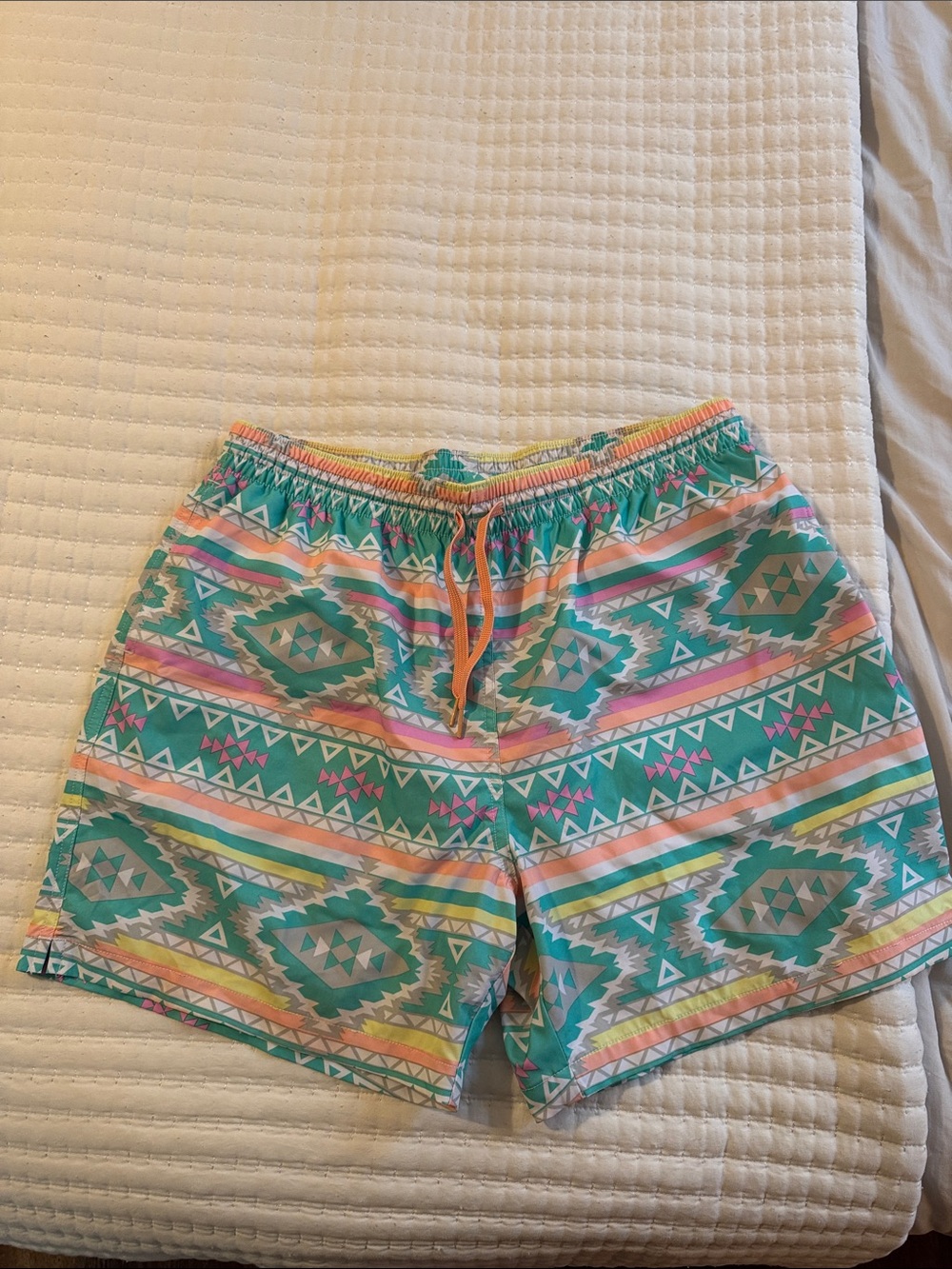 ChubbiesTurquoise Aztec Print Swim Shorts with Multicolor Stripes